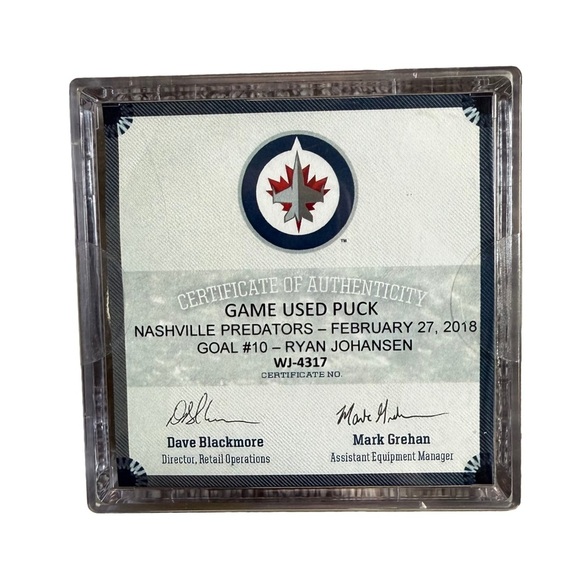 NWT NHL / WINNIPEG JETS / NASHVILLE PREDATORS RYAN JOHANSEN GOAL GAME USED PUCK - Picture 3 of 6